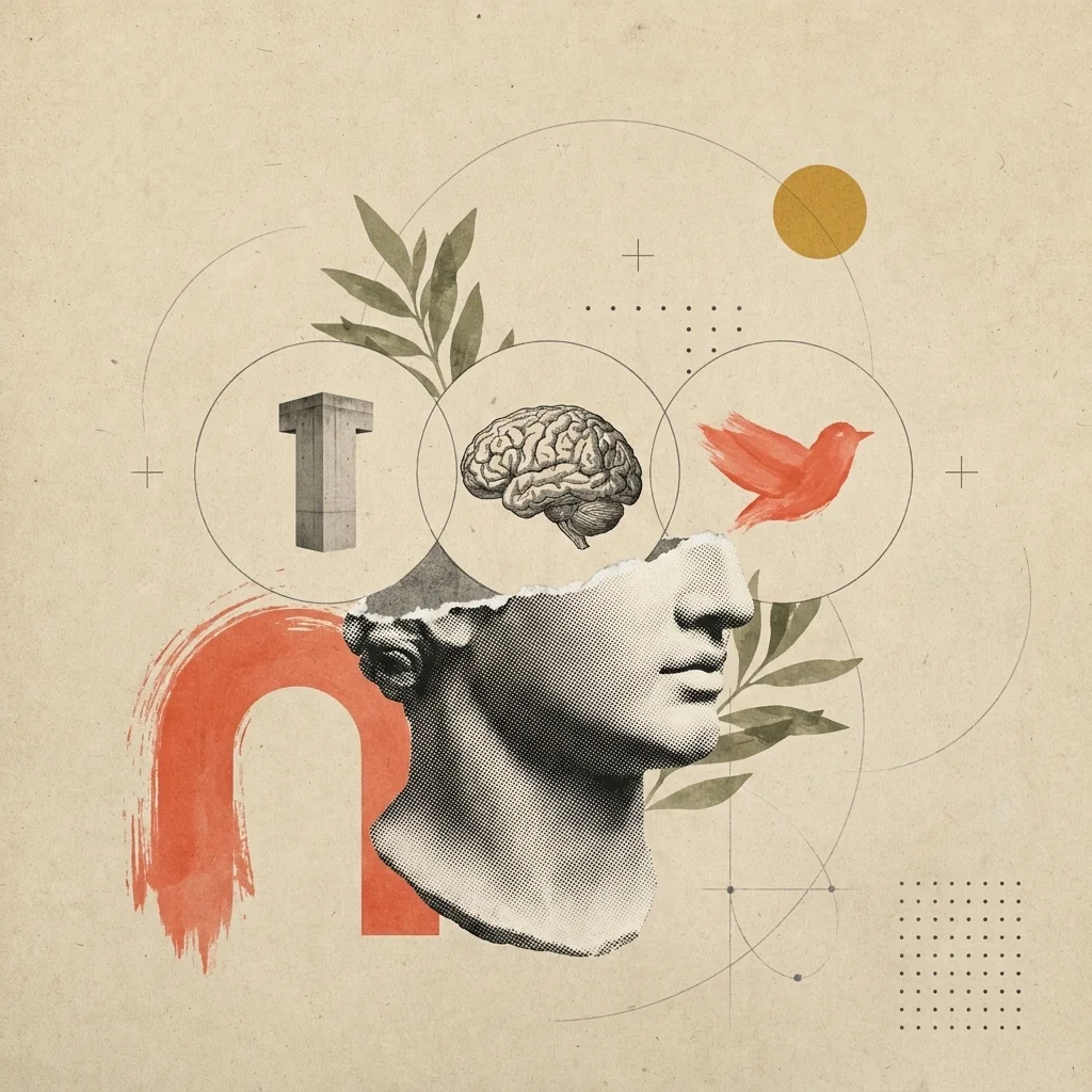 Collage: perfil de escultura clásica observado por tres lentes de línea fina, una mirada clínica, una neurológica y una simbólica