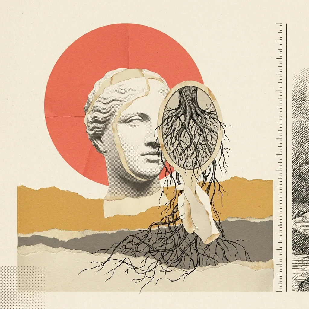 Collage: una cabeza de yeso clásica frente a un espejo de mano donde, en vez de su rostro, aparece una red de raíces.