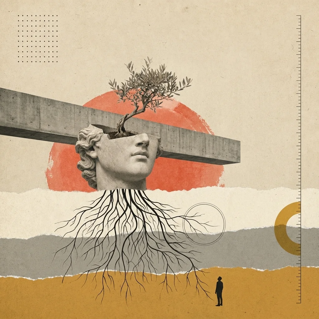 Collage editorial: busto clásico con olivo saliendo de la cabeza y raíces