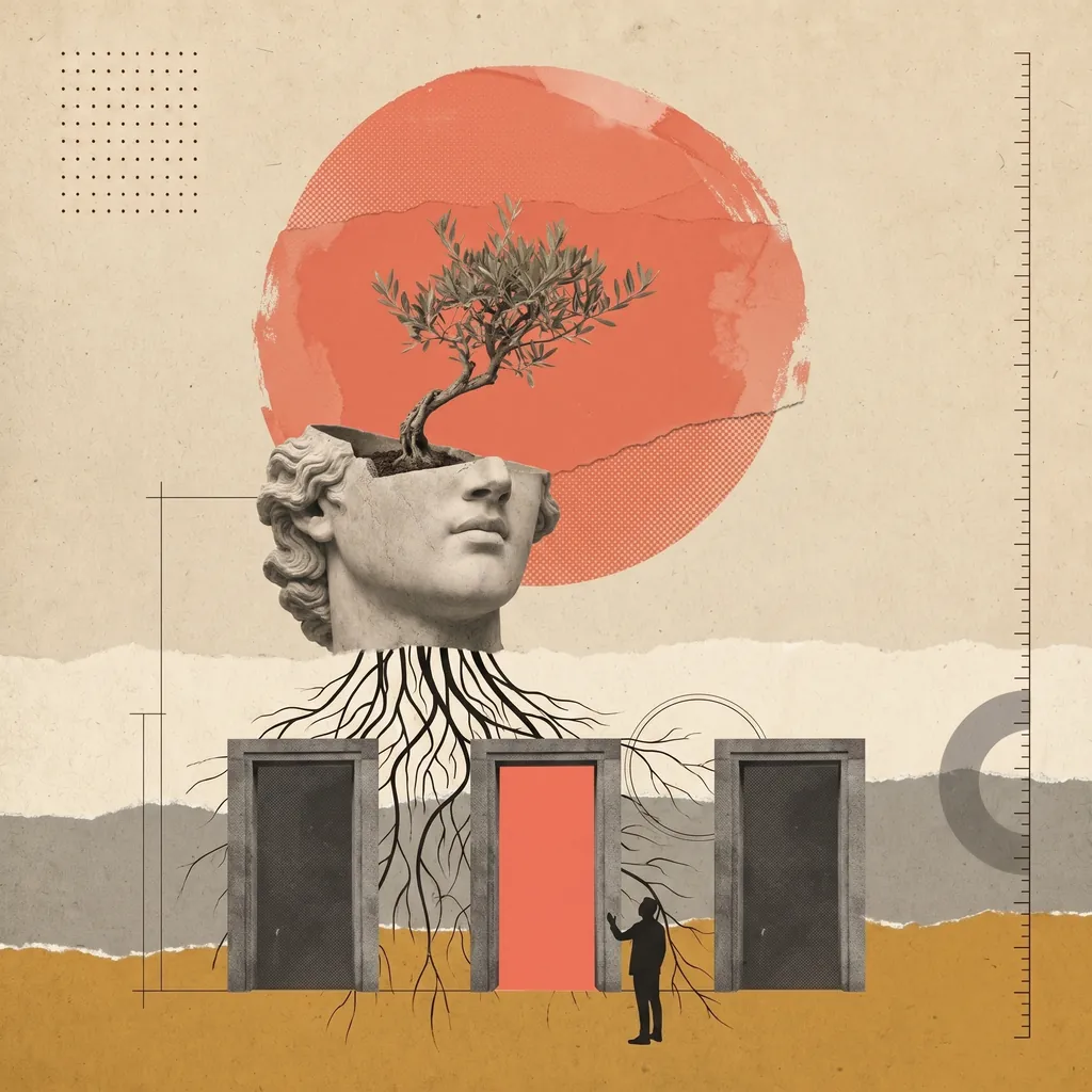 Collage: cabeza de escultura clásica con un olivo creciendo desde adentro y raíces que bajan hasta tres puertas; la del centro está iluminada en coral